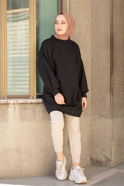 Üç İplik Balon Kol Tunik Siyah