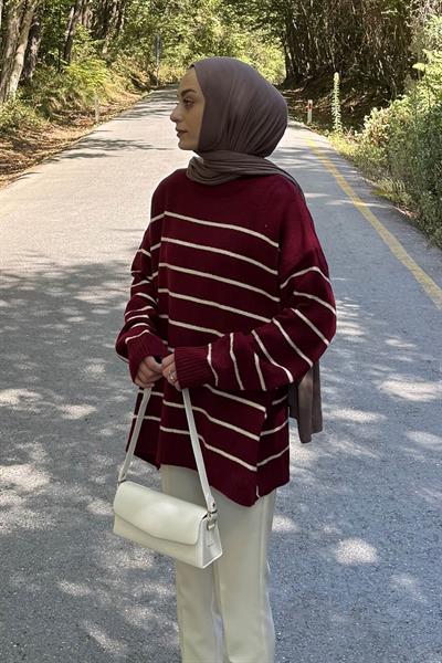 Çizgili Triko Kazak Bordo