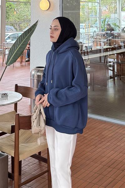 Kapüşonlu Oversize Yan Cepli Sweat İndigo