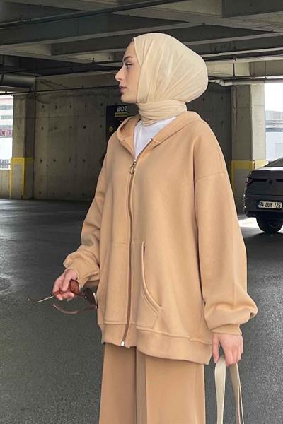 Kapüşonlu Oversize Yan Cepli Sweat Sütlü Kahve