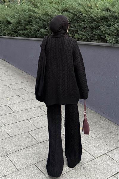 Atkılı Örgü Desen İkili Takım Siyah