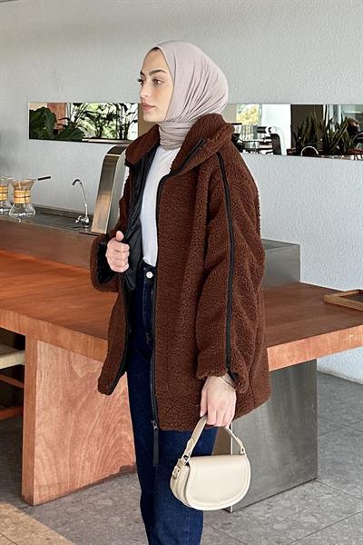 Biye Detaylı Tedy Peluş Mont Acı Kahverengi