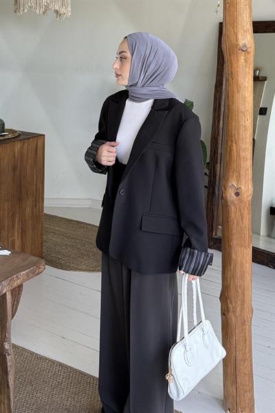 Astarı Çizgili Atlas Ceket Siyah