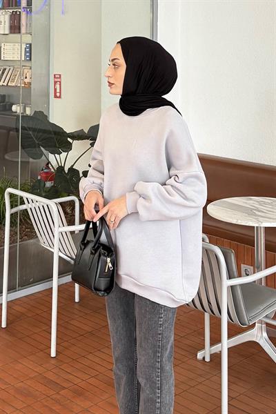 Jasmin Bisiklet Yaka Oversize Sweat Açık Gri