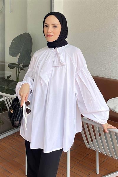 Yaka Fular Detaylı Gömlek Beyaz