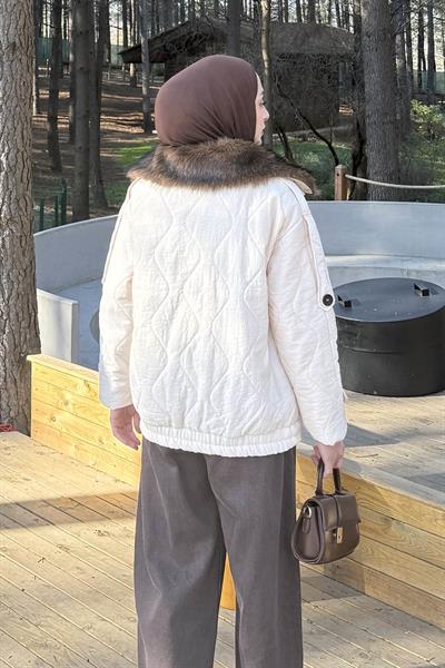 Kürk Yaka Düğmeli Mont Taş