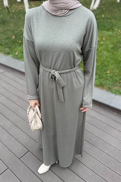 Taş Detaylı Tesettür Elbise Haki