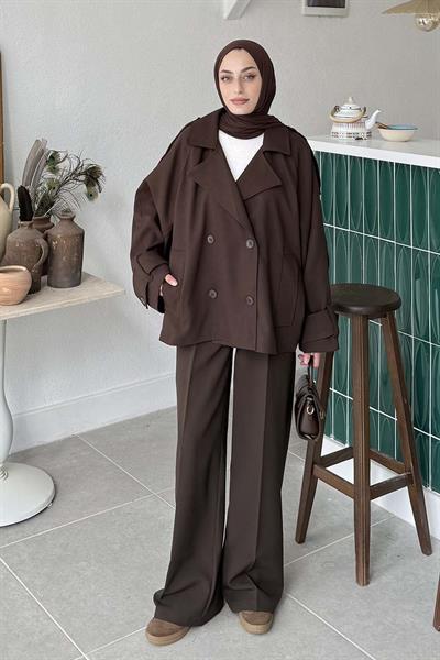 Kruvaze Kısa Tesettür Trençkot Acı Kahverengi