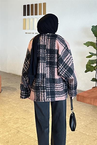 Bağlamalı Kaşe Ekose Kimono Pembe