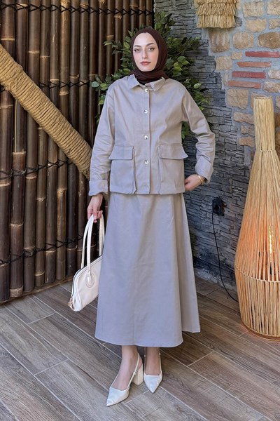 Cep Detaylı İkili Etek Tesettür Takım Siyah Gri