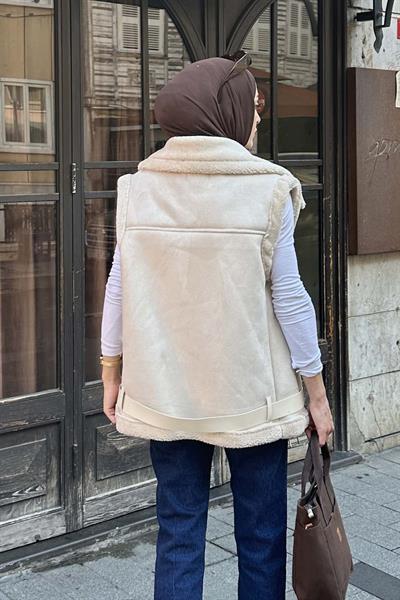 Kürk Detaylı Süet Yelek Bej
