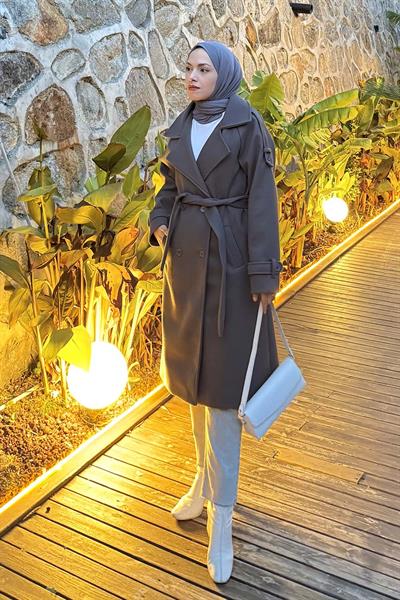 Omuz Filetolu Kol Apoletli Kaşe Kaban Antrasit