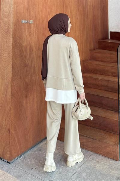 Fermuarlı Garnili Takım Bej