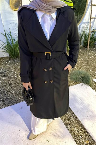 Kuşaklı Omuz Apoletli Trençkot Siyah