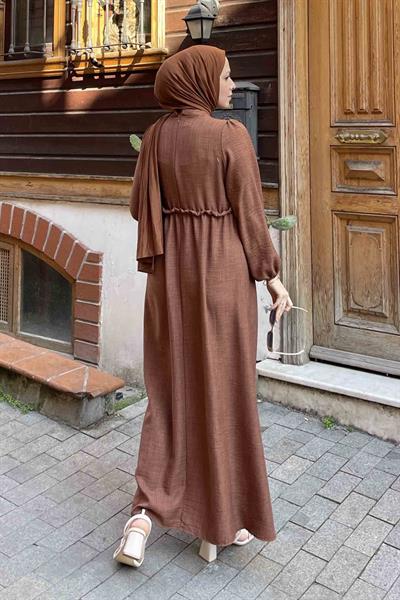 Dantel Örgü Detaylı Elbise Çikolata Kahve