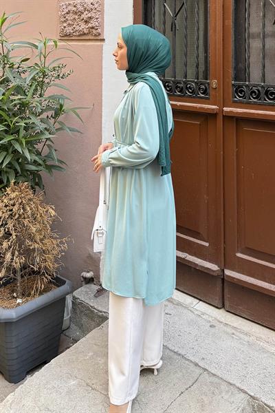 Bağlama Detaylı Uzun Tesettür Tunik Mint Yeşili