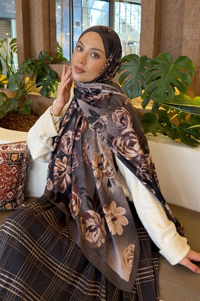 Çiçek Desen Bambu Şal Soft Kahve