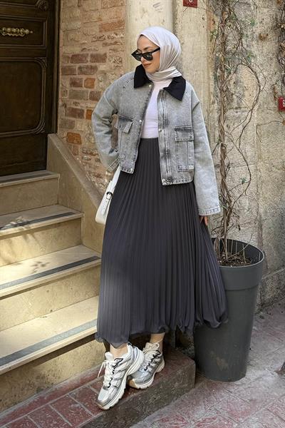 Çıtçıtlı Denim Ceket Gri