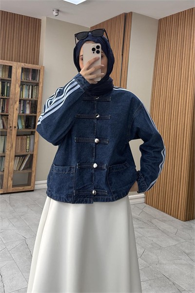 Şerit Detaylı Birit Düğmeli Denim Ceket Koyu Mavi