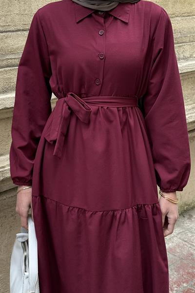 Yarım Düğme Detaylı Terikoton Elbise Bordo