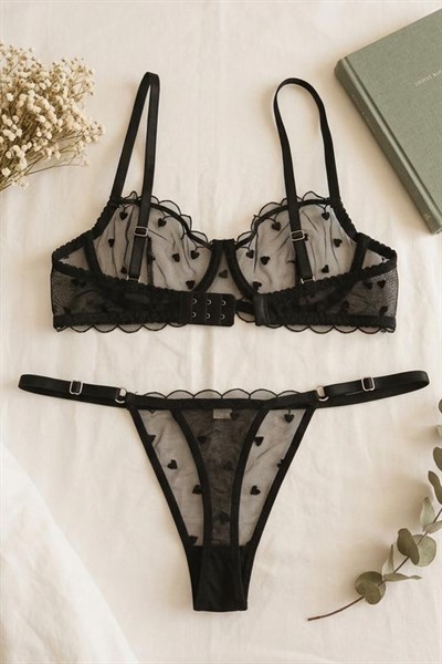 Kalp Nakışlı Tül  Sütyen Takım Siyah