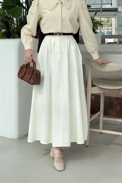 Cep Detaylı Kloş Keten Etek Krem