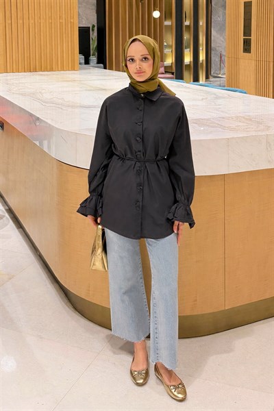 Fırfırlı Bağlama Detaylı Gömlek Siyah