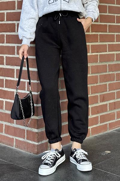 Bel Bağcık Detaylı Üç İplik Eşofman Siyah