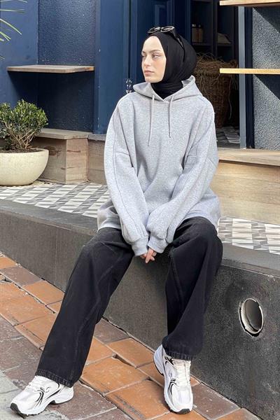 Kapüşonlu Oversize Yan Cepli Sweat Gri
