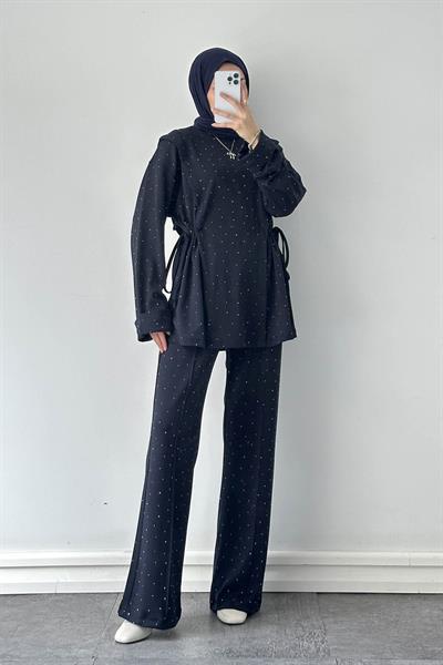 Tünel Detaylı Taşlı Takım Lacivert