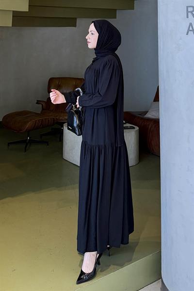 Bağlama Detaylı Tesettür Elbise Siyah
