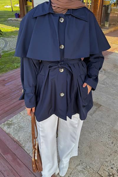 Bağlama Detaylı Pelerinli Trençkot Lacivert