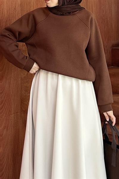 Düşük Omuz Üç İplik Sweatshirt Acı Kahverengi