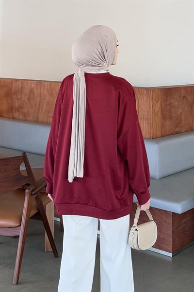 Balon Kol Yaka Ve Etek Ucu Manşetli Bol Sweat Bordo
