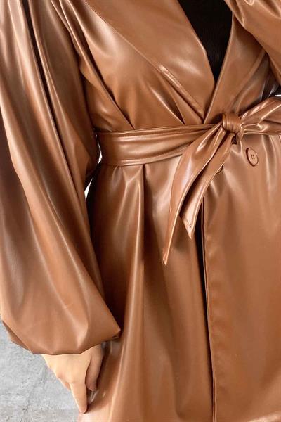 Kruvaze Yaka Deri Trenç Acı Kahverengi