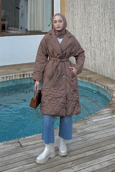 Ceket Yaka Beli Kuşaklı Kapitone Mont Acı Kahverengi