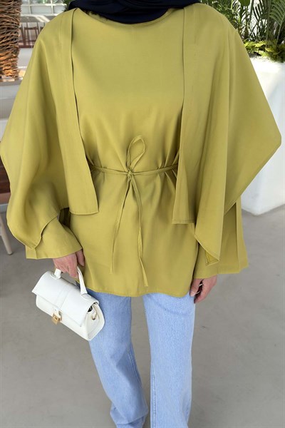 Pelerin Detaylı Oversize Tunik Yağ Yeşili