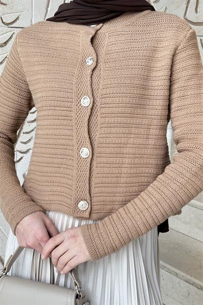 Links Desenli Crop Hırka Camel