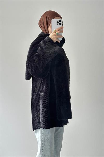 Peluş Atkılı Mont Siyah