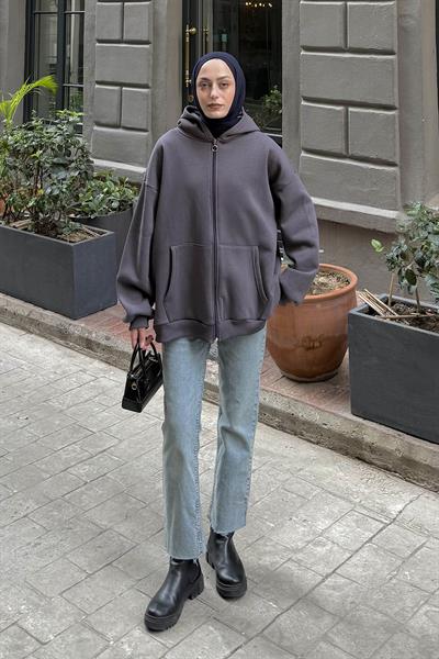 Kapüşonlu Oversize Yan Cepli Sweat Antrasit