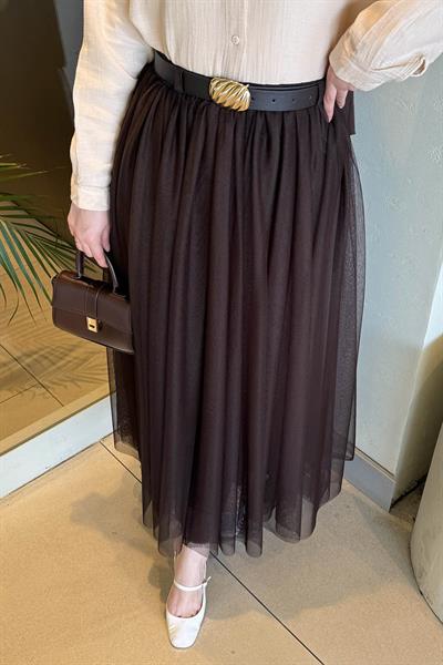 Pileli Kemerli Tül Etek Acı Kahverengi