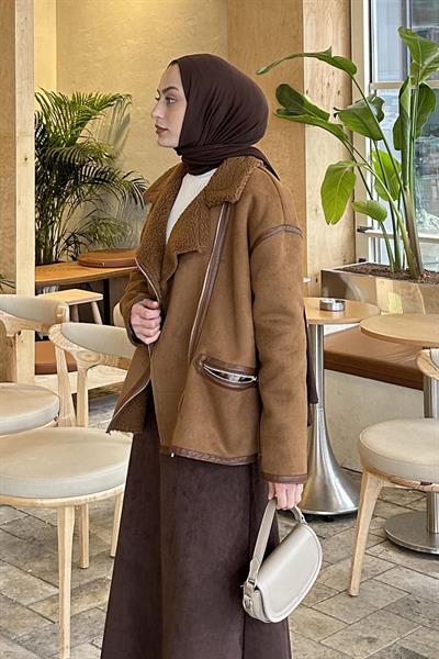 Fermuarlı İçi Peluş Detaylı Süet Mont TABA