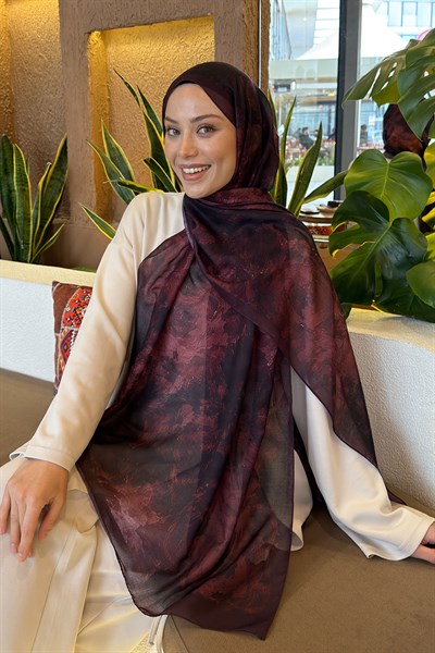 Gül Çiçek Desen Ferah Şal Koyu Bordo