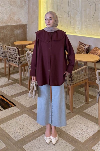 Bebe Yaka Dantel Detaylı Gömlek Bordo
