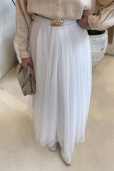 Pileli Kemerli Tül Etek Beyaz