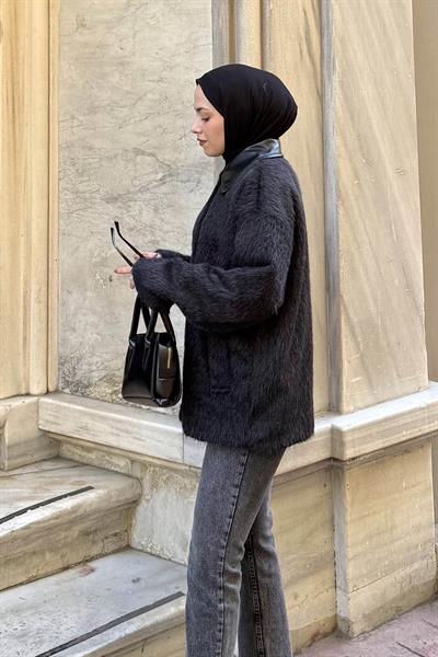 Deri Yaka Mont Siyah