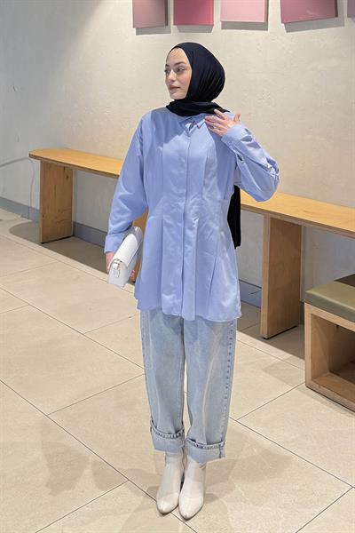 Ön Pile Detaylı Gömlek Mavi