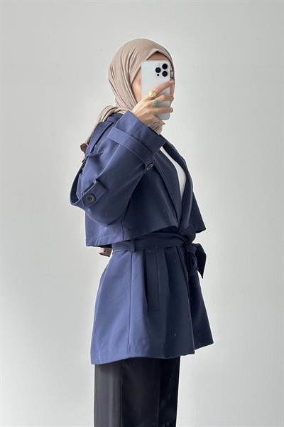 Omuz Apoletli Kısa Trençkot Lacivert