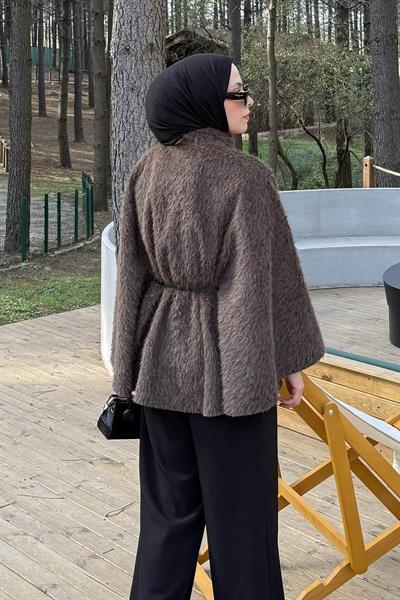 Düğmeli Kemerli Panço Acı Kahverengi