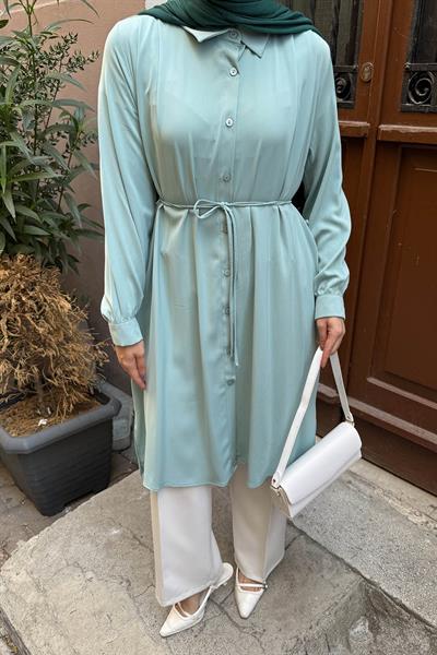 Bağlama Detaylı Uzun Tesettür Tunik Mint Yeşili